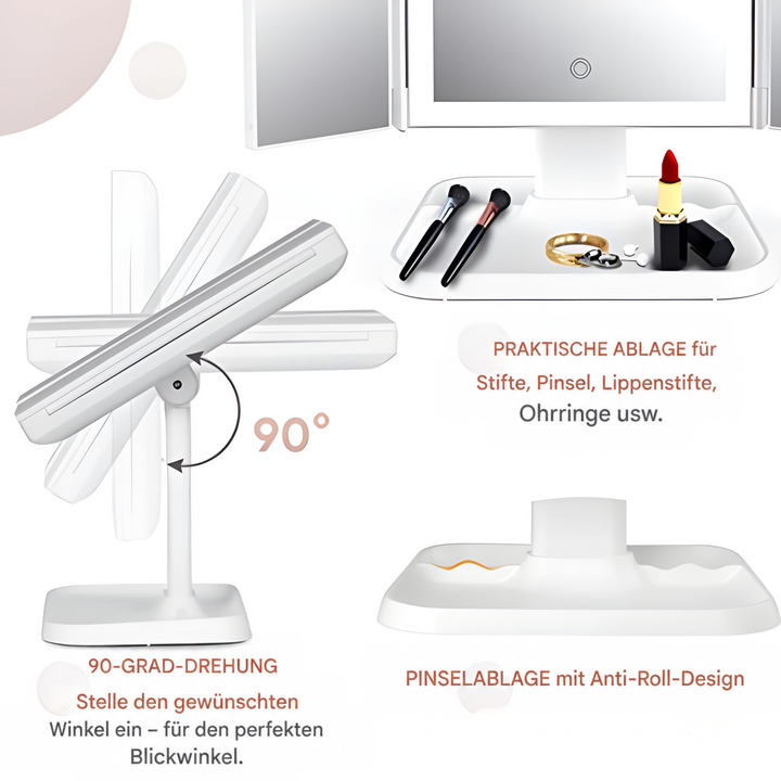Detailbilder zeigen den um 90 Grad kippbaren Spiegel und die Ablageschale mit Pinseln, Lippenstift und Schmuck 5