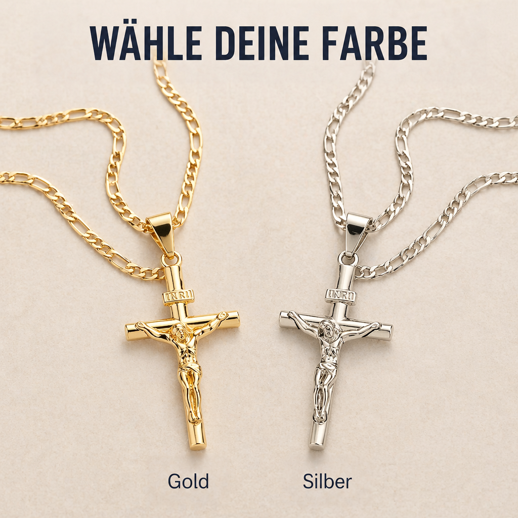 Zwei Kruzifixketten nebeneinander auf beigem Grund, links in Gold, rechts in Silber, jeweils mit Figarokette 8