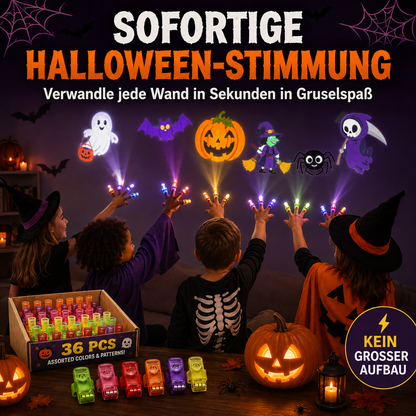 Kinder in Halloween-Kostümen projizieren mit Fingerlichtern Geister, Kürbis und Hexe an die Wand; links Karton mit den 12