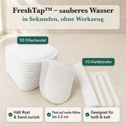 Stapel weißer Filterbeutel mit zwei einzelnen Beuteln und zehn weißen Klettbändern auf heller Arbeitsfläche, Lieferumfang im Überblick. 1