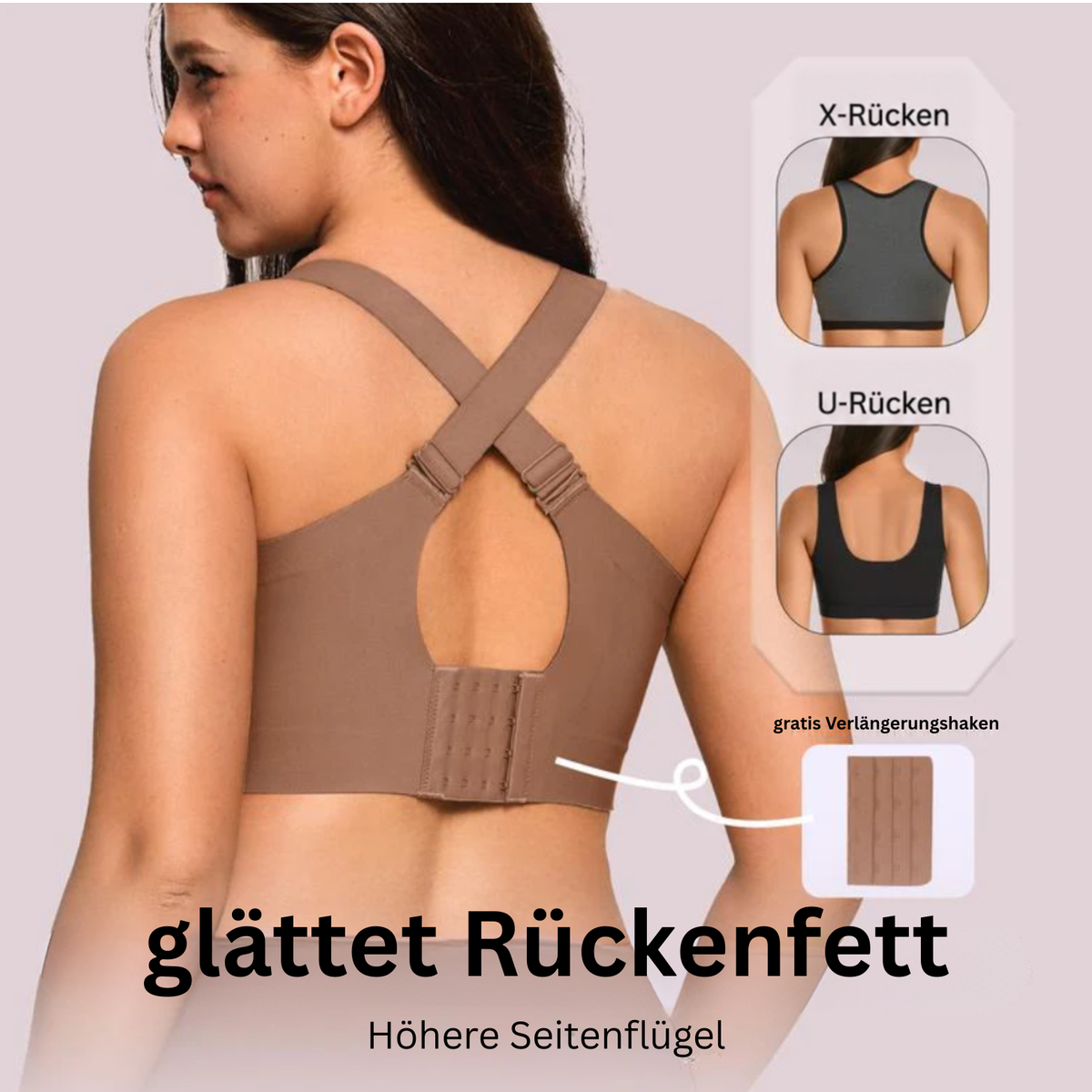 Rückenansicht des braunen BH mit überkreuzten Trägern, Verlängerungshaken und Vergleich von X-Rücken und U-Rücken 13