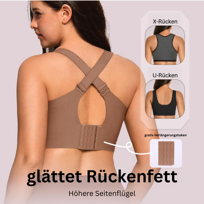 Rückenansicht des braunen BH mit überkreuzten Trägern, Verlängerungshaken und Vergleich von X-Rücken und U-Rücken 13