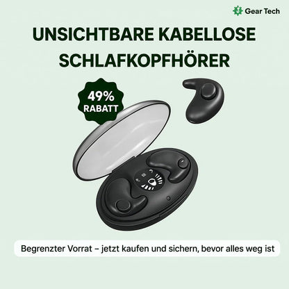 Geöffnetes schwarzes Ladecase mit zwei Schlafkopfhörern und Display, ein Ohrstück schwebt daneben, mit Rabatt-Hinweis 8