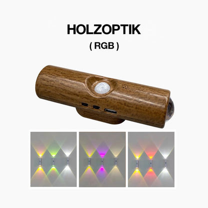 Wandleuchte in Holzoptik mit Sensor, darunter drei Wandbeispiele mit bunten RGB-Lichtkegeln 6