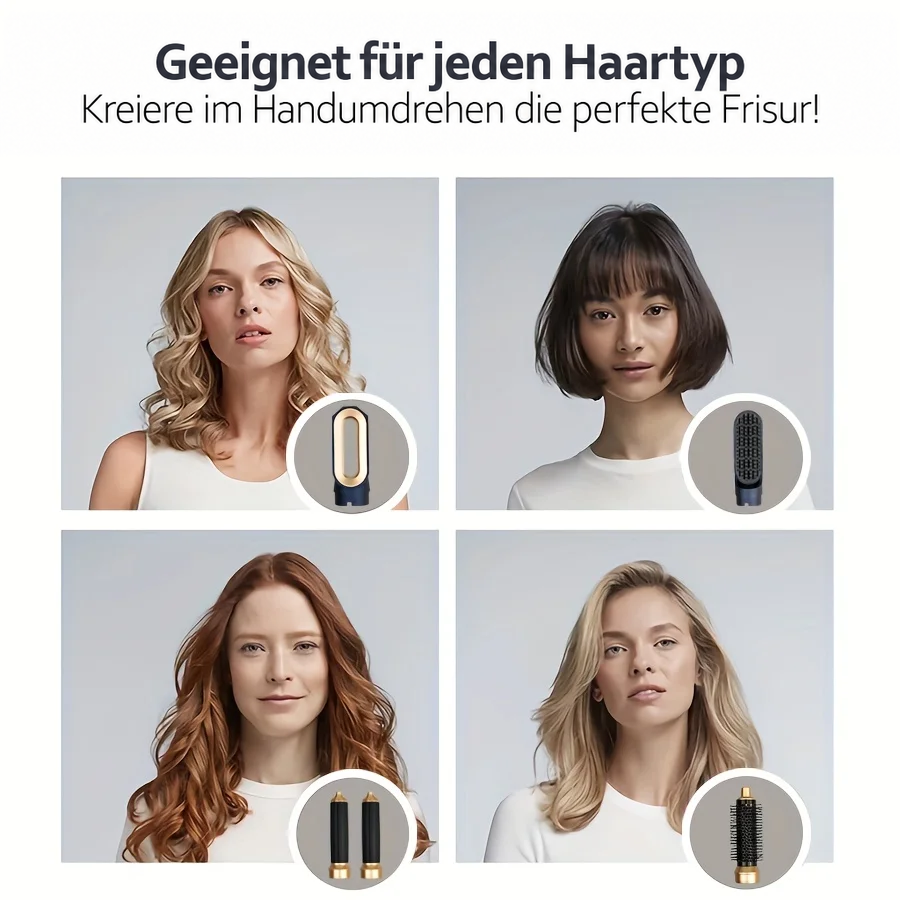 Vier Frauen mit verschiedenen Frisuren, Haartypen, Lockenstab, Glätteisen, Haarstyling-Tools.