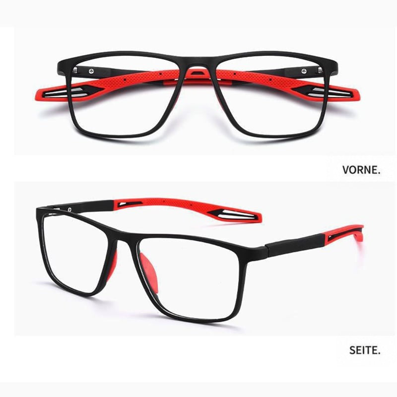 Schwarze Brille mit roten Bügelenden in Front- und Seitenansicht untereinander dargestellt 8
