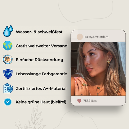 Infografik mit Symbolen zu Produktvorteilen neben einem Social-Media-Beitrag, auf dem eine Frau mit goldenen Ohrringen und Ringen zu sehen ist. 4