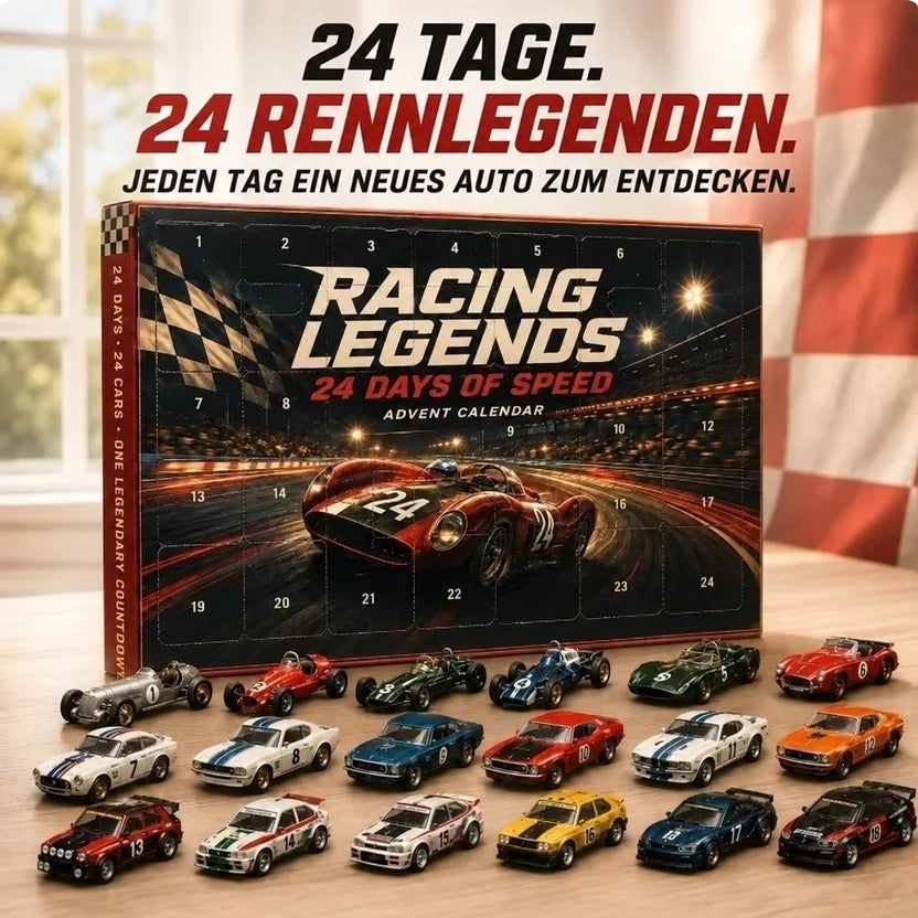 Rennsport-Kalender mit nummerierten Feldern, davor aufgereiht 18 Rennwagen-Modelle in verschiedenen Farben 12
