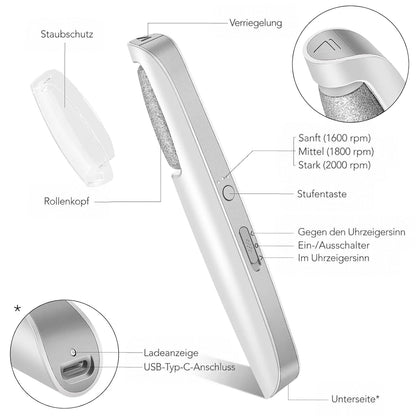 Beschriftete Detailansicht des Geräts mit Staubschutz, Rolle, Geschwindigkeitstaste, Drehrichtungsschalter und USB-C-Anschluss am unteren Ende. 5