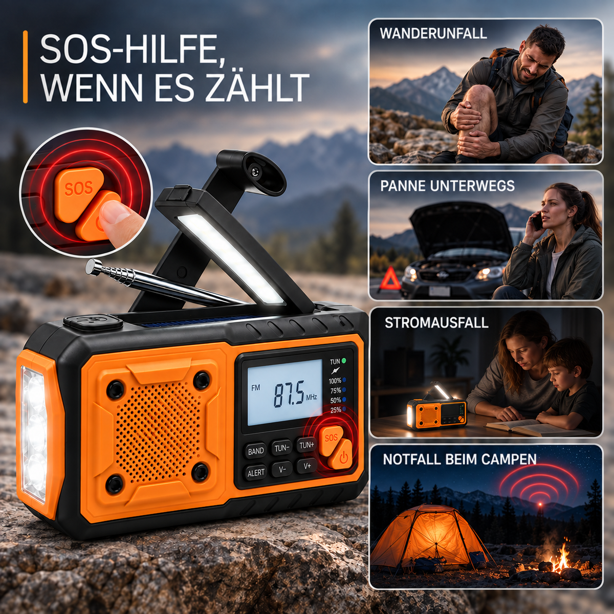 Radio mit gedrückter SOS-Taste in der Vergrößerung, dazu Anwendungsszenen: Wanderverletzung, Autopanne, Stromausfall und 8