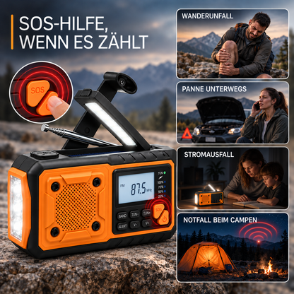 Radio mit gedrückter SOS-Taste in der Vergrößerung, dazu Anwendungsszenen: Wanderverletzung, Autopanne, Stromausfall und 8