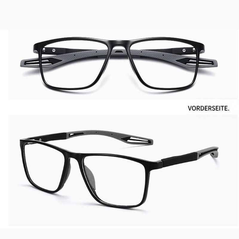 Schwarze Brille mit grauen Bügelenden in Frontansicht und Seitenansicht untereinander gezeigt 6