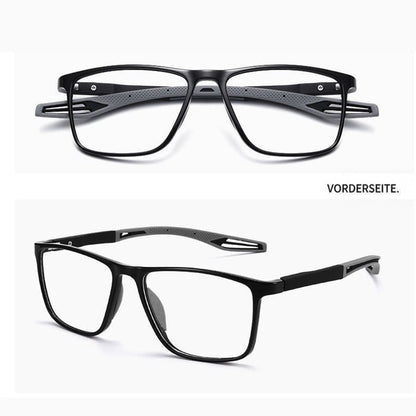 Schwarze Brille mit grauen Bügelenden in Frontansicht und Seitenansicht untereinander gezeigt 6