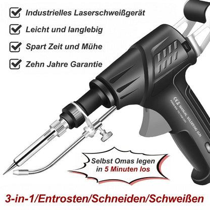Schwarze Pistole mit Lötspitze und Zufuhrrohr neben einer Liste von Vorteilen und dem Hinweis auf Dreifachfunktion 11