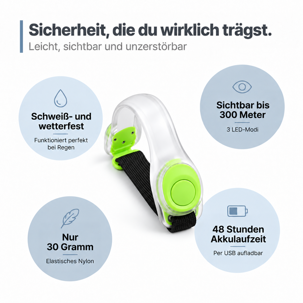 Armband mit grünen Akzenten, umgeben von vier Kreisen mit Icons zu Wetterfestigkeit, Sichtbarkeit, Gewicht und Akkulaufzeit 9