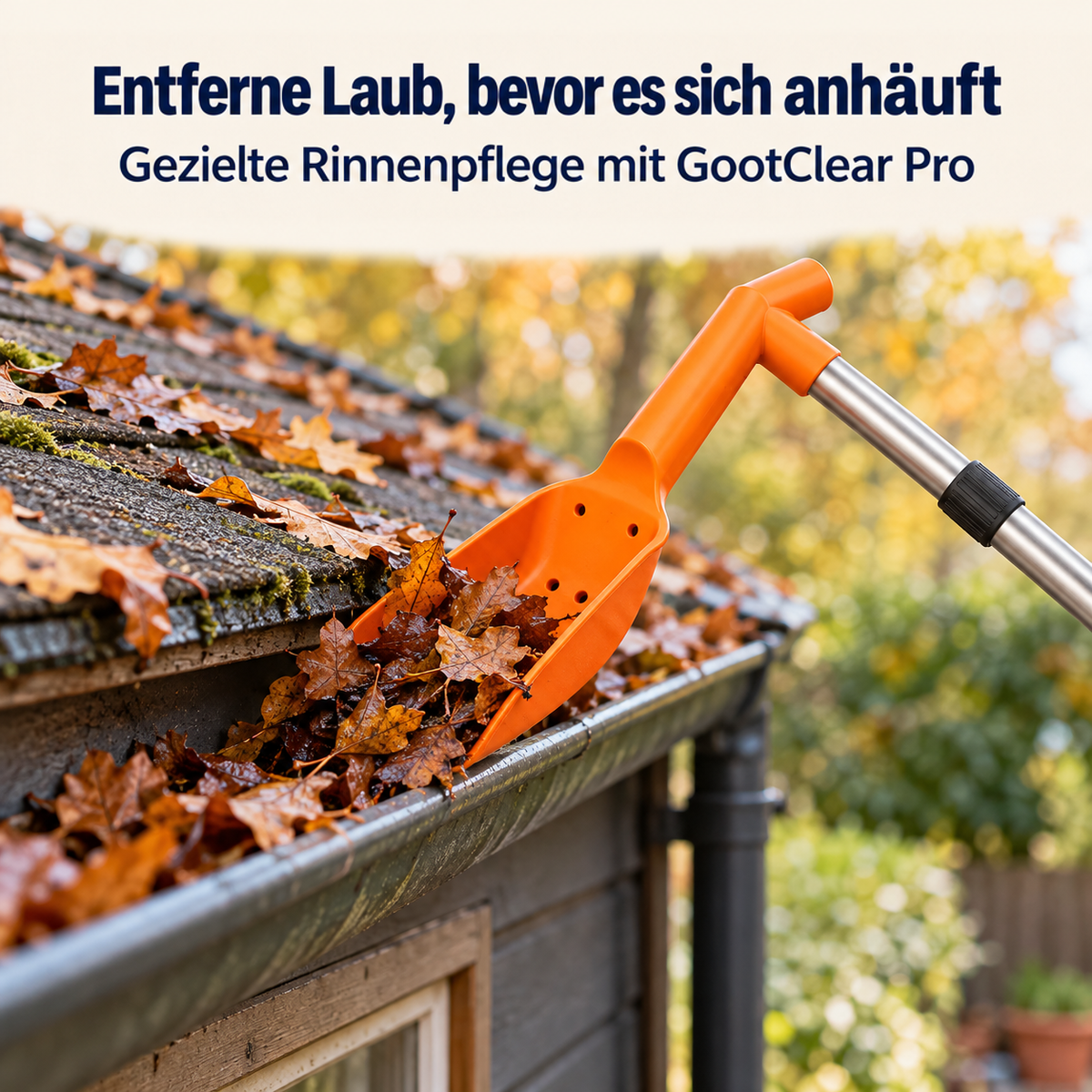 Nahaufnahme der orangen Schaufel in einer mit nassem Laub gefüllten Dachrinne 7