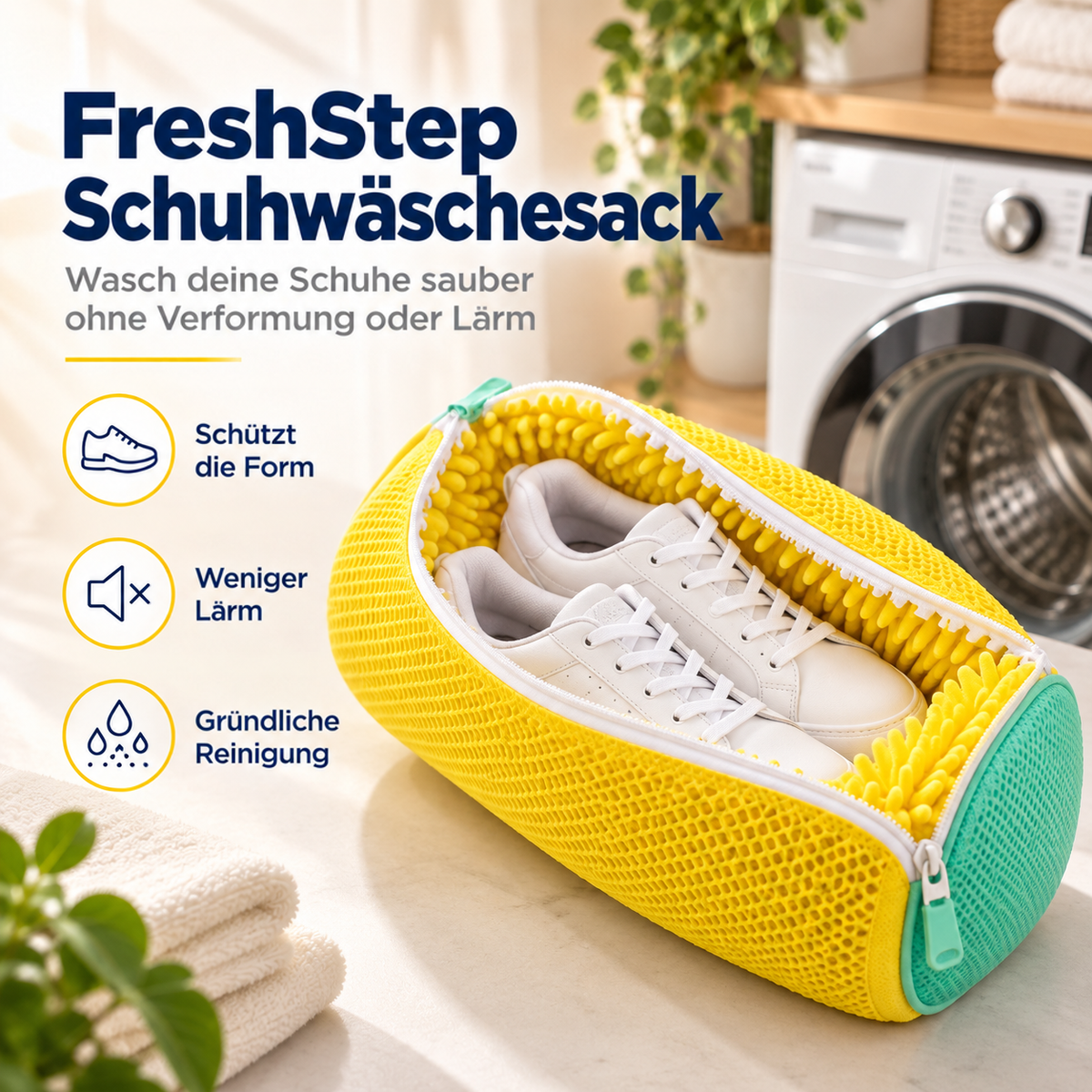 Gelbe Netztasche mit türkisem Ende, offen mit weißen Sneakern darin, vor einer Waschmaschine 1