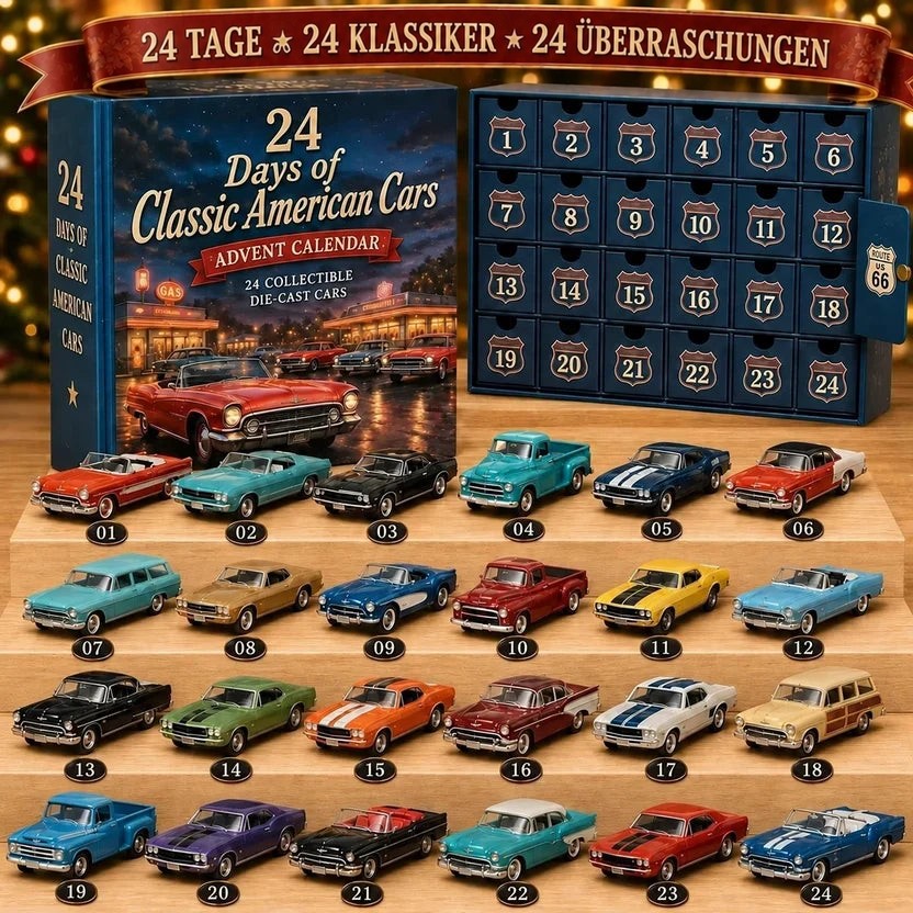 Blaue Adventskalender-Schachtel mit nummerierten Türchen, davor 24 klassische amerikanische Modellautos auf Holzstufen 2
