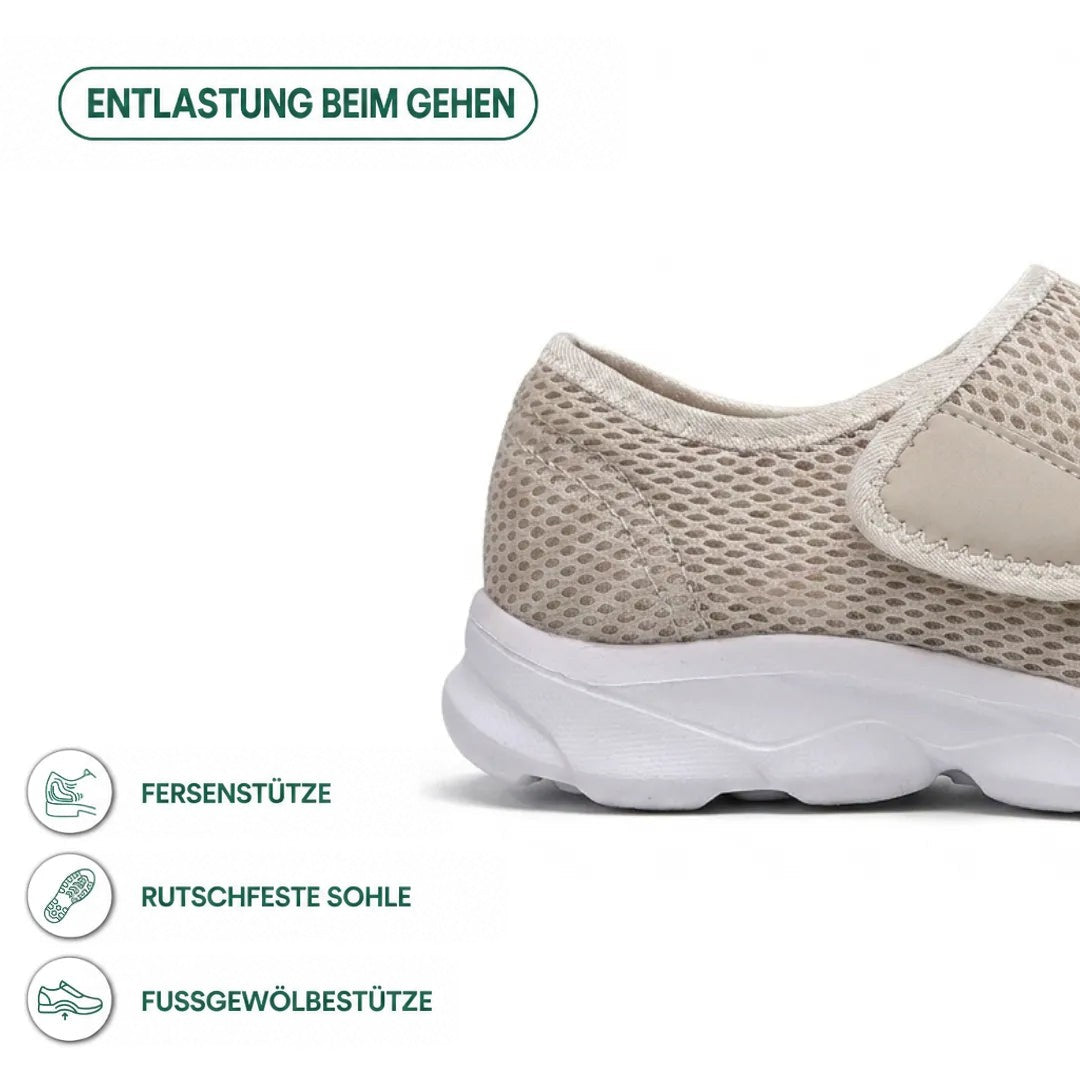 Detailansicht der Ferse eines beigen Netzschuhs mit weißer Sohle und Klettband, dazu Hinweise auf Fersenstütze, rutschfeste Sohle und Gewölbestütze. 31