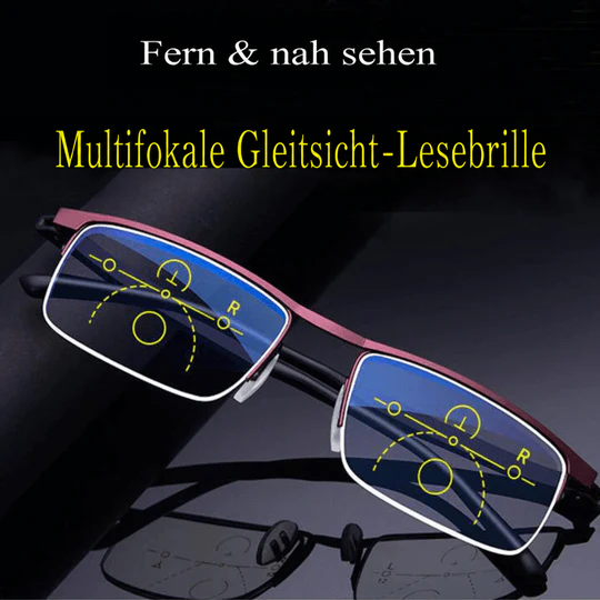 Halbrandbrille mit roter Fassung von vorn, in den bläulich getönten Gläsern sind die Sehzonen markiert 2