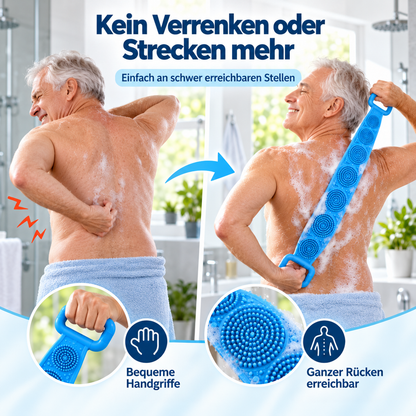 Vorher-nachher-Vergleich: Mann kommt schwer an den Rücken, dann wäscht er ihn mühelos mit der blauen Bürste 2