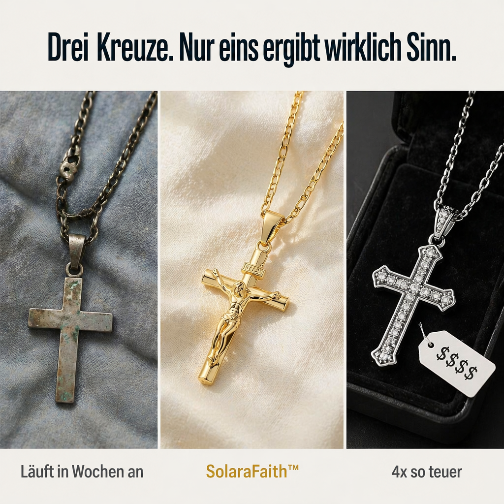 Vergleich dreier Kreuzketten: links angelaufen, in der Mitte golden mit Christusfigur, rechts silbern mit Steinen 5