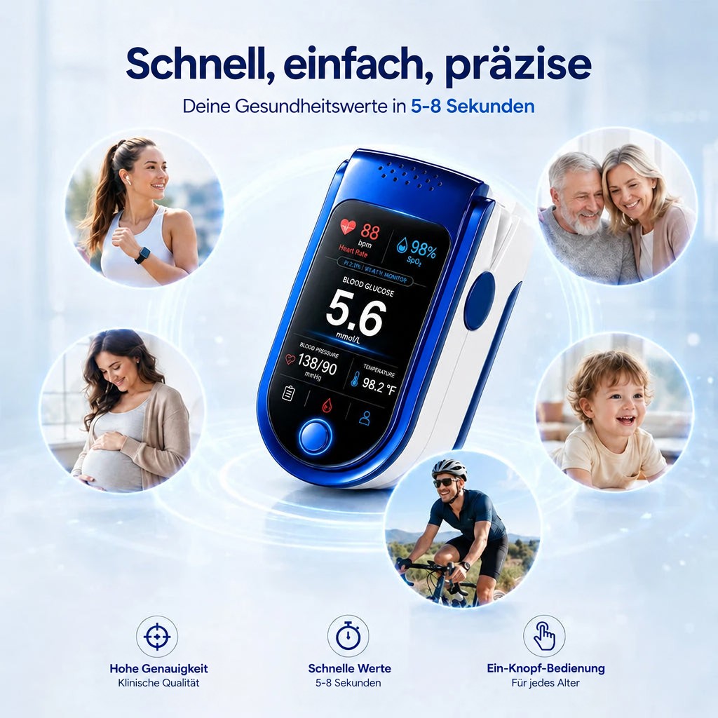 Das Messgerät in der Mitte, umgeben von runden Bildausschnitten: Joggerin, Schwangere, Senioren, Kleinkind und Radfahrer, unten drei Merkmal-Symbole. 8