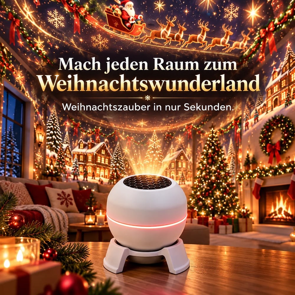 Weißer Kugelprojektor auf einem Holztisch wirft Weihnachtsmann, Rentierschlitten und Winterdorf an die Wände eines festlich 2