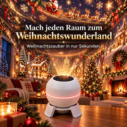 Weißer Kugelprojektor auf einem Holztisch wirft Weihnachtsmann, Rentierschlitten und Winterdorf an die Wände eines festlich 2