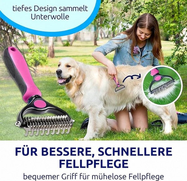 Frau kämmt im Garten einen Golden Retriever mit dem rosa Rechen; links der Rechen mit gebogenen Zinken, rechts eine Detailansicht. 8