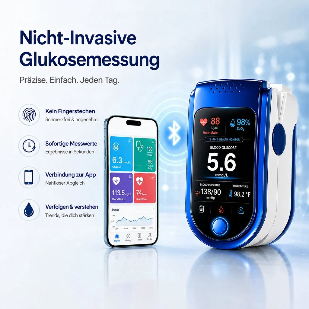 Gerät links neben einem Smartphone mit Gesundheits-App, verbunden durch ein Bluetooth-Symbol, dazu vier Merkmale auf hellem Hintergrund. 9