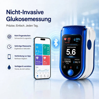 Das Messgerät mit Bluetooth-Symbol neben einem Smartphone, dessen App Messwerte und einen Verlaufsgraphen zeigt, links vier Merkmal-Icons. 9