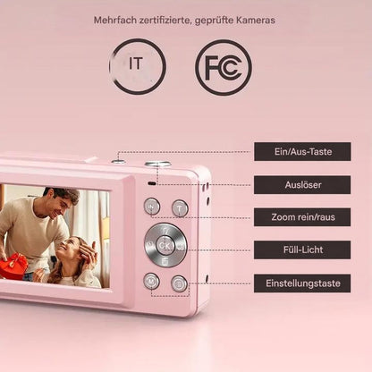 Rosa Kamera von hinten mit Display und beschrifteten Tasten für Zoom, Blitzlicht und Einstellungen 3