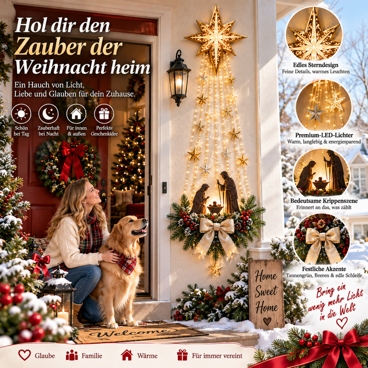 Frau mit Golden Retriever auf der Veranda vor der beleuchteten Wanddeko, dazu vier kreisrunde Detailbilder 8