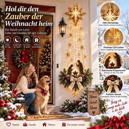Frau mit Golden Retriever auf der Veranda vor der beleuchteten Wanddeko, dazu vier kreisrunde Detailbilder 8