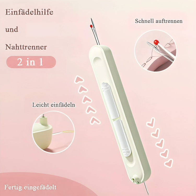 Hellgrünes Gerät mit Schieber, Nahttrenner mit roter Kugel oben und zwei Detailausschnitten zum Einfädeln und Auftrennen 1