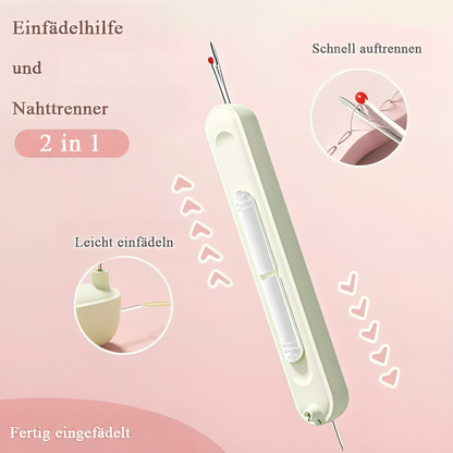 Hellgrünes Gerät mit Schieber, Nahttrenner mit roter Kugel oben und zwei Detailausschnitten zum Einfädeln und Auftrennen 1