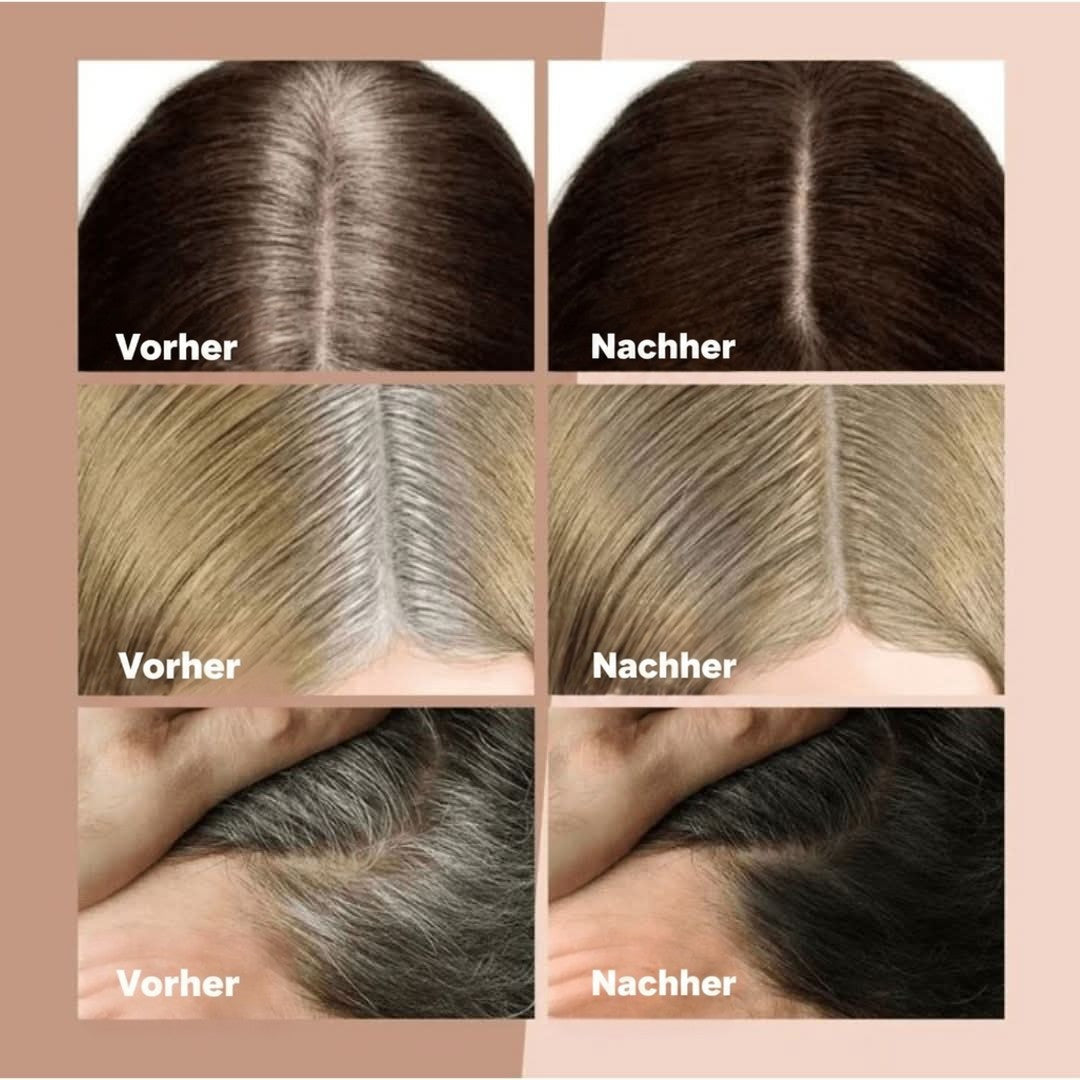 Drei Vorher-Nachher-Vergleiche des Scheitels bei dunkelbraunem, blondem und schwarzem Haar, bei denen graue Ansätze nach dem Auftragen kaschiert sind. 2