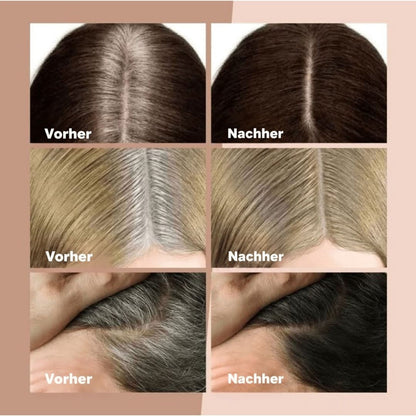 Drei Vorher-Nachher-Vergleiche des Scheitels bei dunkelbraunem, blondem und schwarzem Haar, bei denen graue Ansätze nach dem Auftragen kaschiert sind. 2