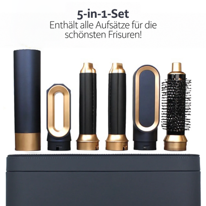 5-in-1 Haarstyling-Set, schwarz-gold, mit Aufsätzen, für vielseitige Frisuren.