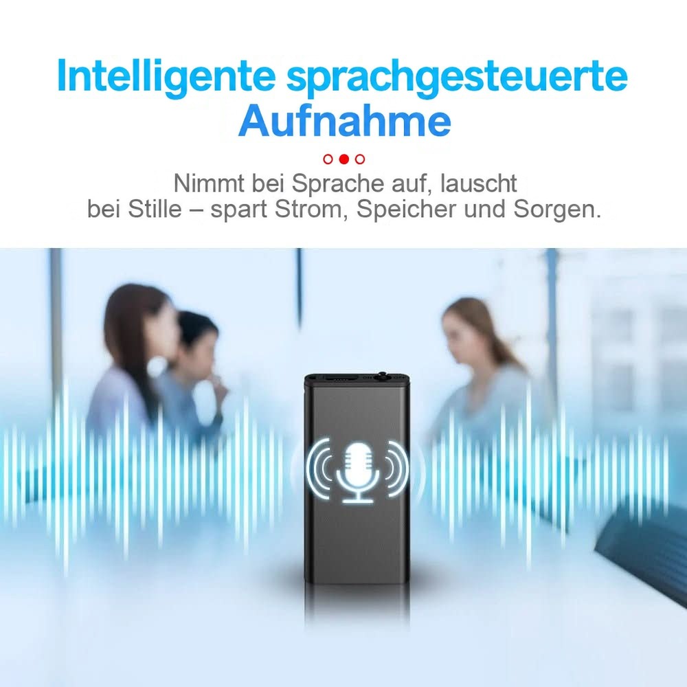 Der Recorder steht vor unscharf gezeichneten Gesprächspartnern, davor ein Mikrofon-Symbol und blaue Schallwellen für die 2