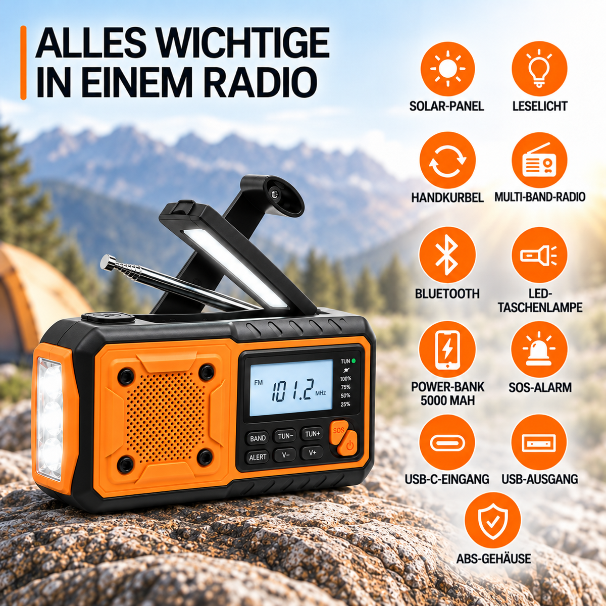 Radio auf Felsen vor Bergkulisse, daneben Symbole für Funktionen wie Solarpanel, Leselicht, Kurbel, Bluetooth, Powerbank und 7