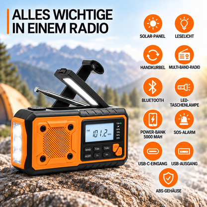 Radio auf Felsen vor Bergkulisse, daneben Symbole für Funktionen wie Solarpanel, Leselicht, Kurbel, Bluetooth, Powerbank und 7