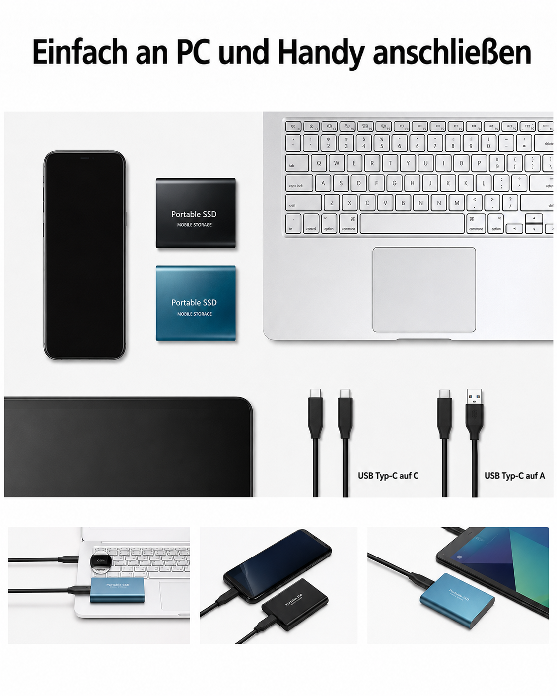 Draufsicht mit SSDs in Schwarz und Blau neben Smartphone, Laptop und Tablet samt USB-C-Kabeln, unten drei Anschlussbeispiele. 4