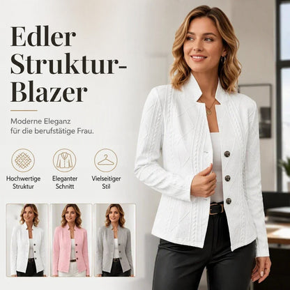 Produktgrafik mit weißem Blazer an einer Frau und drei kleinen Ansichten in Weiß, Rosa und Grau samt Symbolen. 17