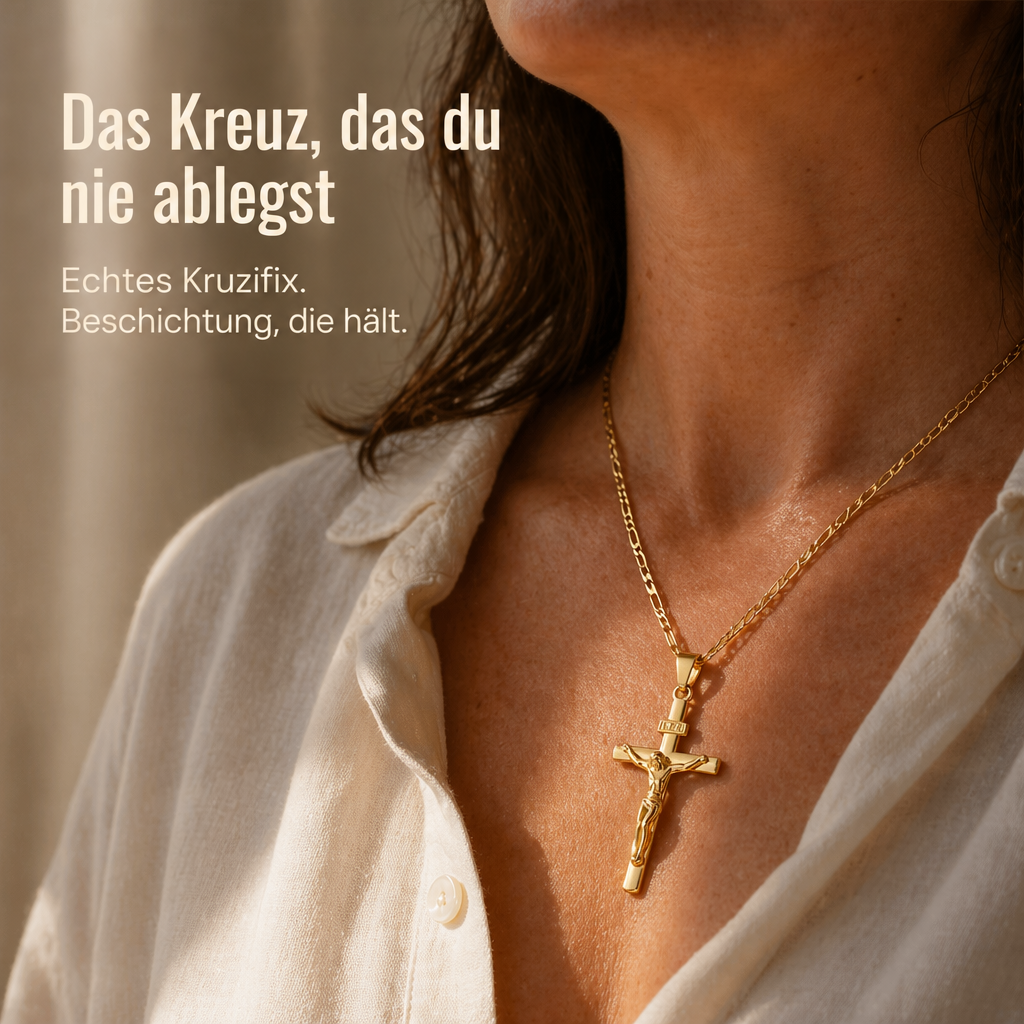 Nahaufnahme am Hals einer Frau in cremefarbener Bluse mit goldenem Kruzifix an Figarokette 1