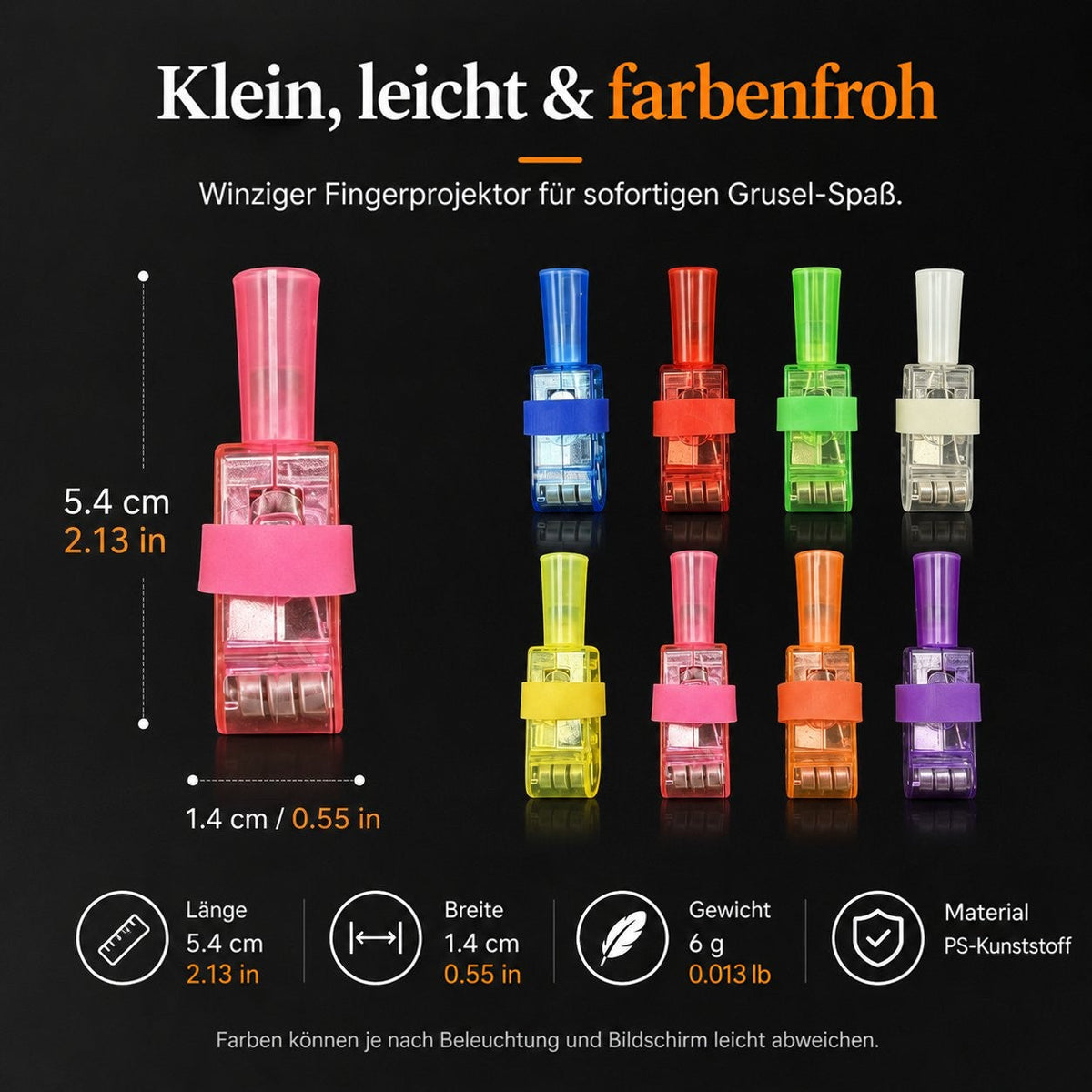 Maßgrafik eines rosa Fingerlichts mit Länge und Breite neben acht weiteren Farbvarianten auf dunklem Hintergrund 11
