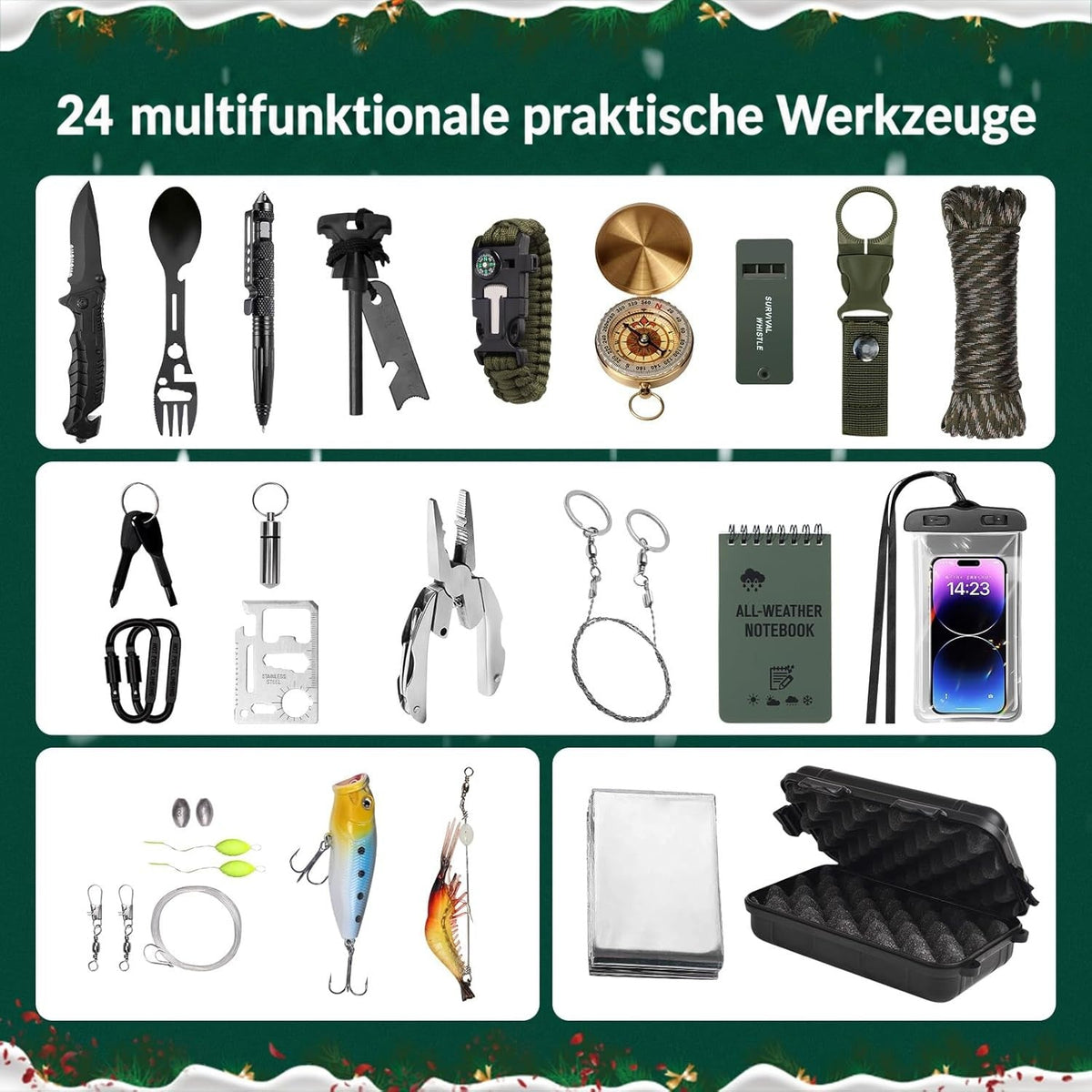 Übersichtsgrafik mit allen 24 Outdoor-Werkzeugen in drei Gruppen vor weihnachtlichem grünem Hintergrund 2