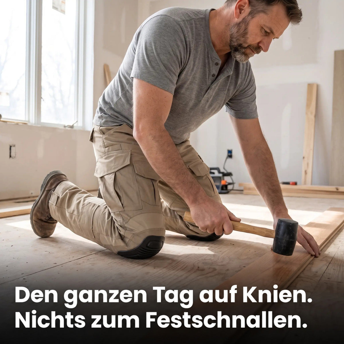 Handwerker in beiger Cargohose kniet beim Verlegen von Holzboden mit Gummihammer und stützt sich auf den integrierten Knieschonern ab. 3