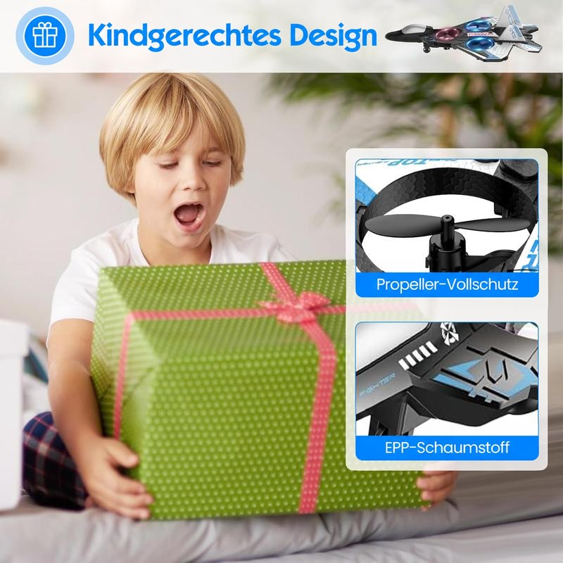 Staunender blonder Junge hält ein grün gepunktetes Geschenk, daneben Detailbilder der Propellerschutzringe und des Schaumstoffrumpfs des Flugzeugs. 5